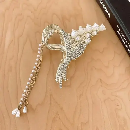 [9190] Rhinestone Rhosyn Flower Tassel Hair Claw