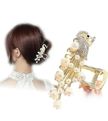 [9187] Rhinestone Peacock Pearl Stone Metal Hair Claw